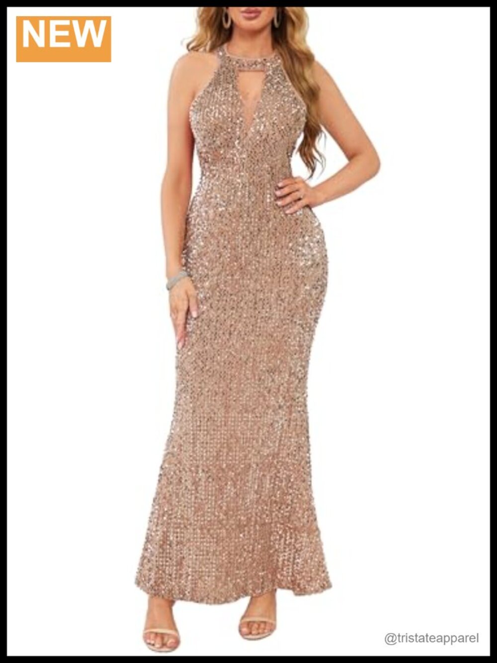 Sparkly Sequin Halter Neck Maxi Dress Sleeveless Mermaid Evening Gown